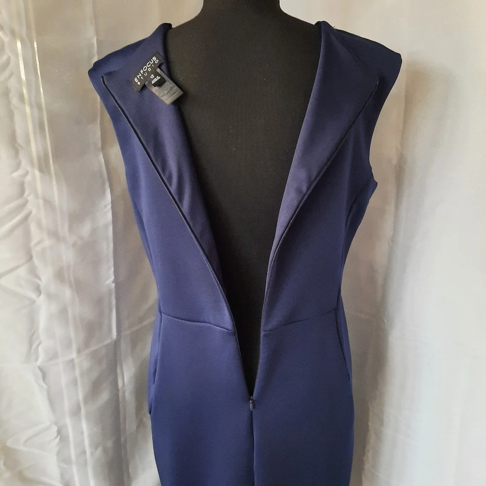 EnFocus Navy Blue Sheath Dress Women Sz 12 V Neck Eyelet Detail Cutouts Midi - Picture 9 of 15